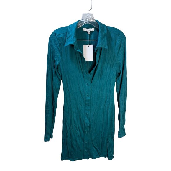 Fourteenth Place Womens Teal Ribbed Long Sleeve Button-Up Shirt - Picture 1 of 8